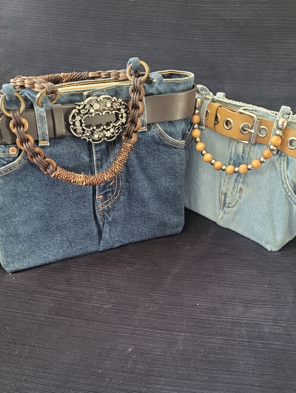 Denim Tote Handbag with Brown Accent Strap